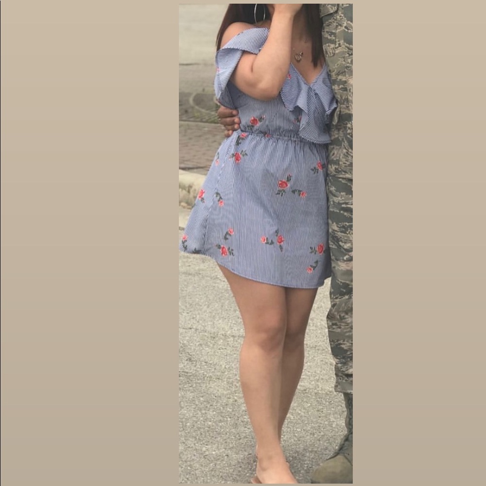 Hint Of Blush Off The Shoulder Stripped Flower Dress - Size M